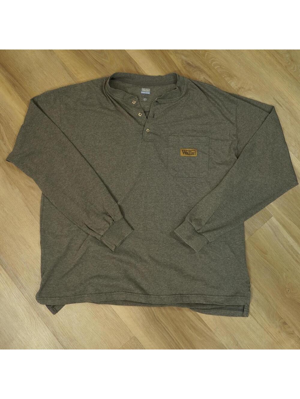 Walls‎ Men's Long Sleeve Henley - Gray Green Large 3-button Pocket Workwear
